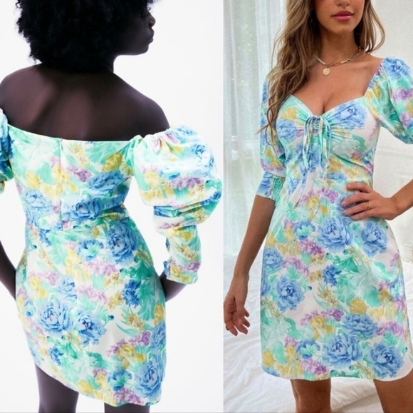 Zara Puff Sleeve Floral Poplin Mini Dress - Picture 2 of 12